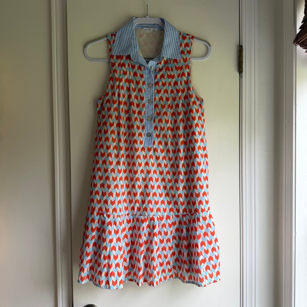 THML Womens Chevron Print Sleeveless Shirt Dress Orange Blue Striped Collar XS